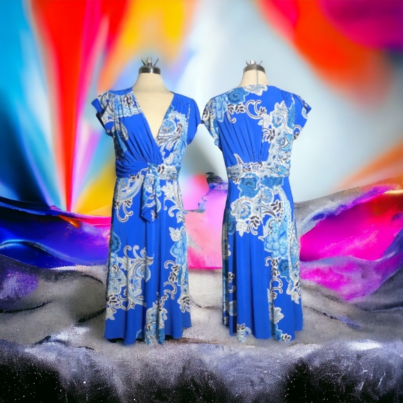 Evan Picone Blue Print Flare Dress Size 10 - Picture 6 of 16